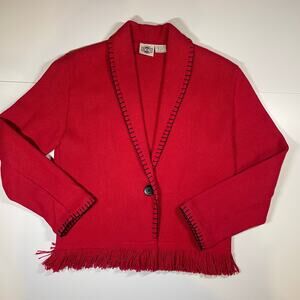 VTG Rod’s Red Fringe Cardigan Western Cardigan Shawl Collar Cotton Sweater Sz M